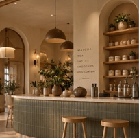 Warmly lit matcha bar with shelves, plants, and seating
