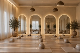 Open mat Pilates room with wood flooring and arched mirrors