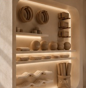 Neatly arranged studio props and equipment on built-in shelves
