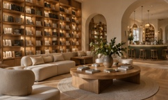 Bookshop and community lounge with bookshelves and seating