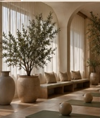 Bright studio lounge with tall windows, plants, and an arched opening